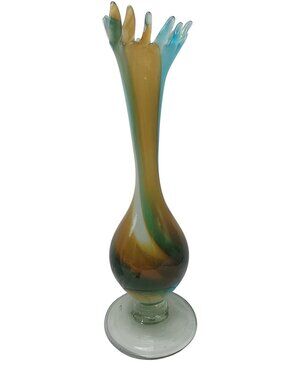 Vtg Handblown Swung Art Glass Vase Blue & Amber Swirl 14" Bulb Flared Rim Collec